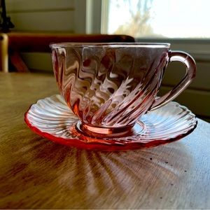 Vintage France Rosaline Pink Glass Swirl Cup & Saucer, Made in France Arcoroc